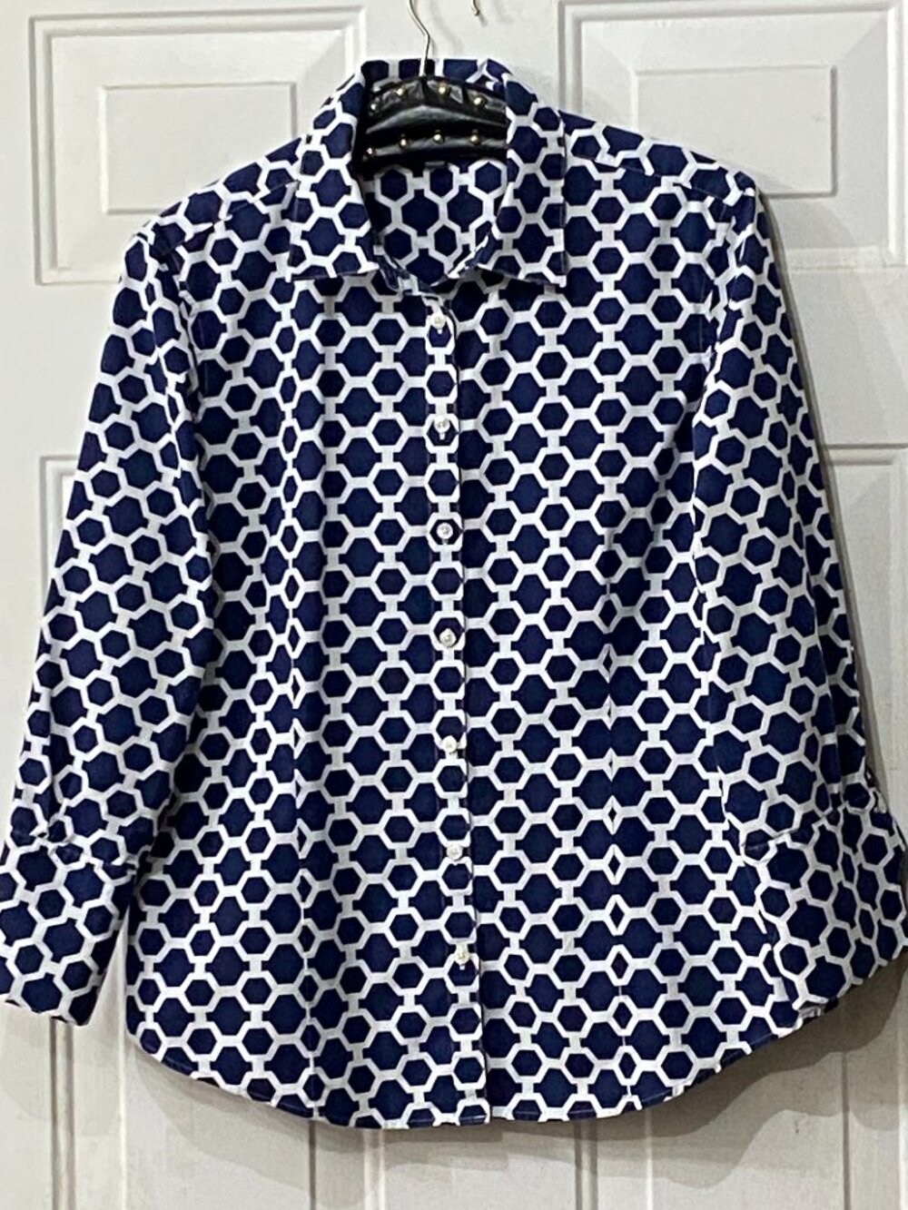 Brooks Brothers Sz 12 Blouse Button Up Shirt 3/4 Sleeve Blue/White Geometric